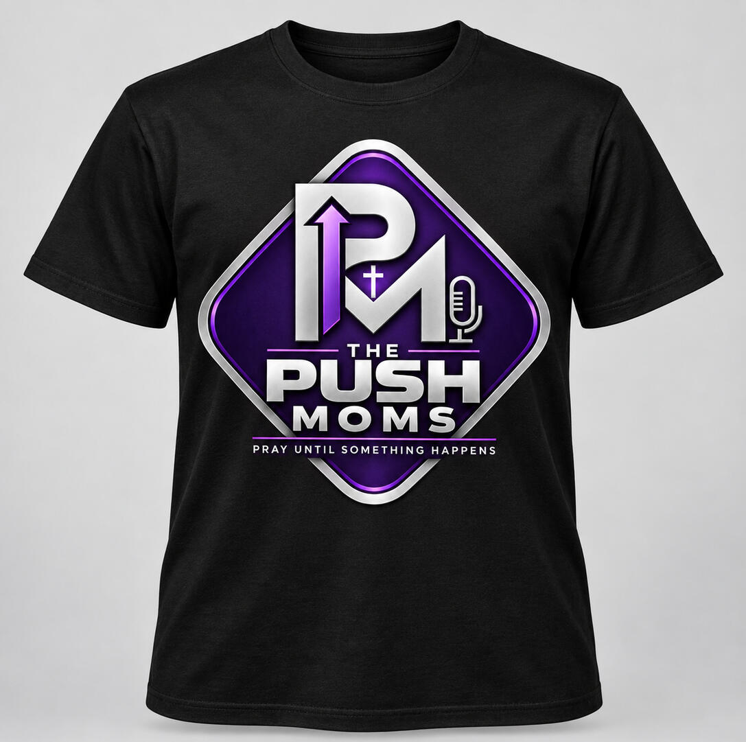 The Push Moms Podcast T-Shirt Black T-shirt featuring The Push Moms purple and silver podcast logo