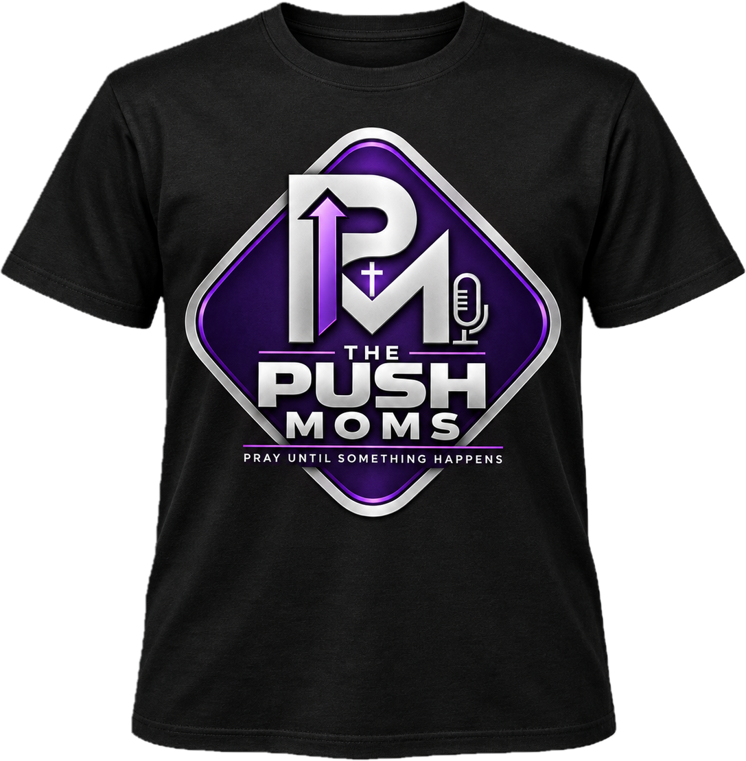 Black T-shirt featuring The Push Moms purple and silver podcast logo